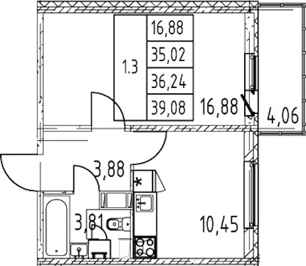 1-комнатная квартира 35.02 м², 12/12 эт., ЖК «Полис ЛАВрики»